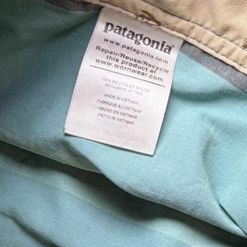 Patagonia Mens Board Shorts Size 35 Blue Green Stripe Recycled Nylon Swim Trunks